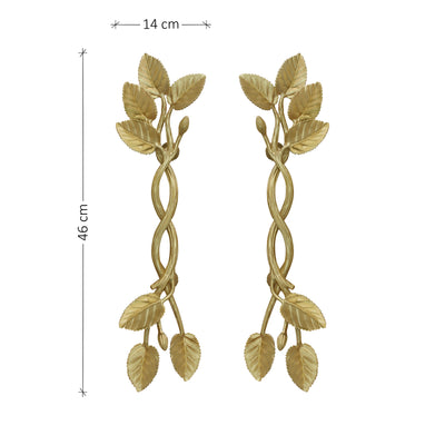 A pair of golden decorative pull handles inspired by branches, leaves and buds, with annotated dimensions