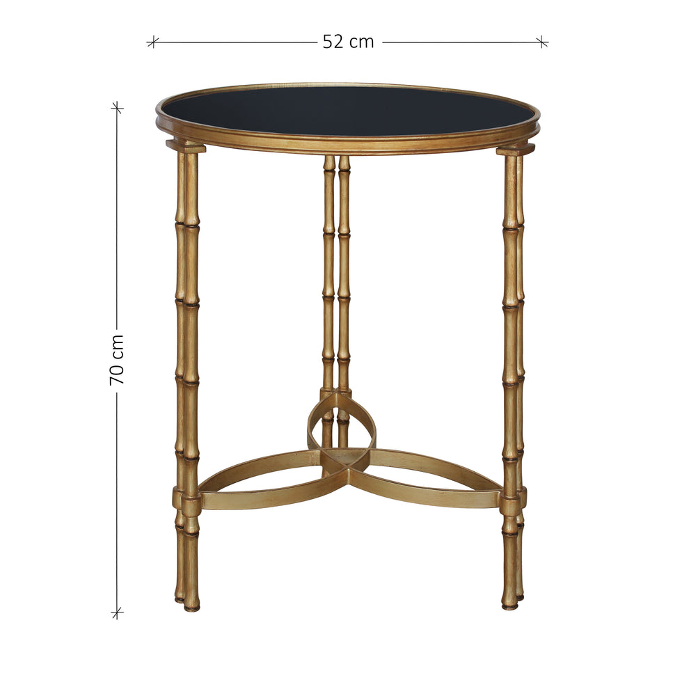 Metal contemporary side table in antique gold color with annotated dimensions