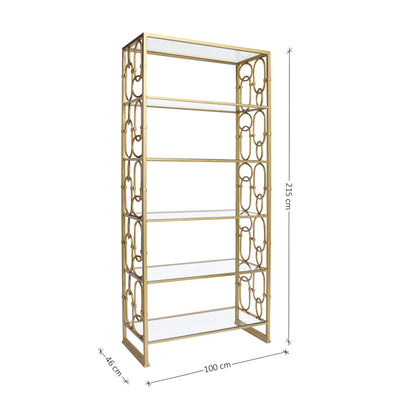 A metal decorative bookcase with six glass shelves painted in a luxurious golden finish; with annotated dimensions