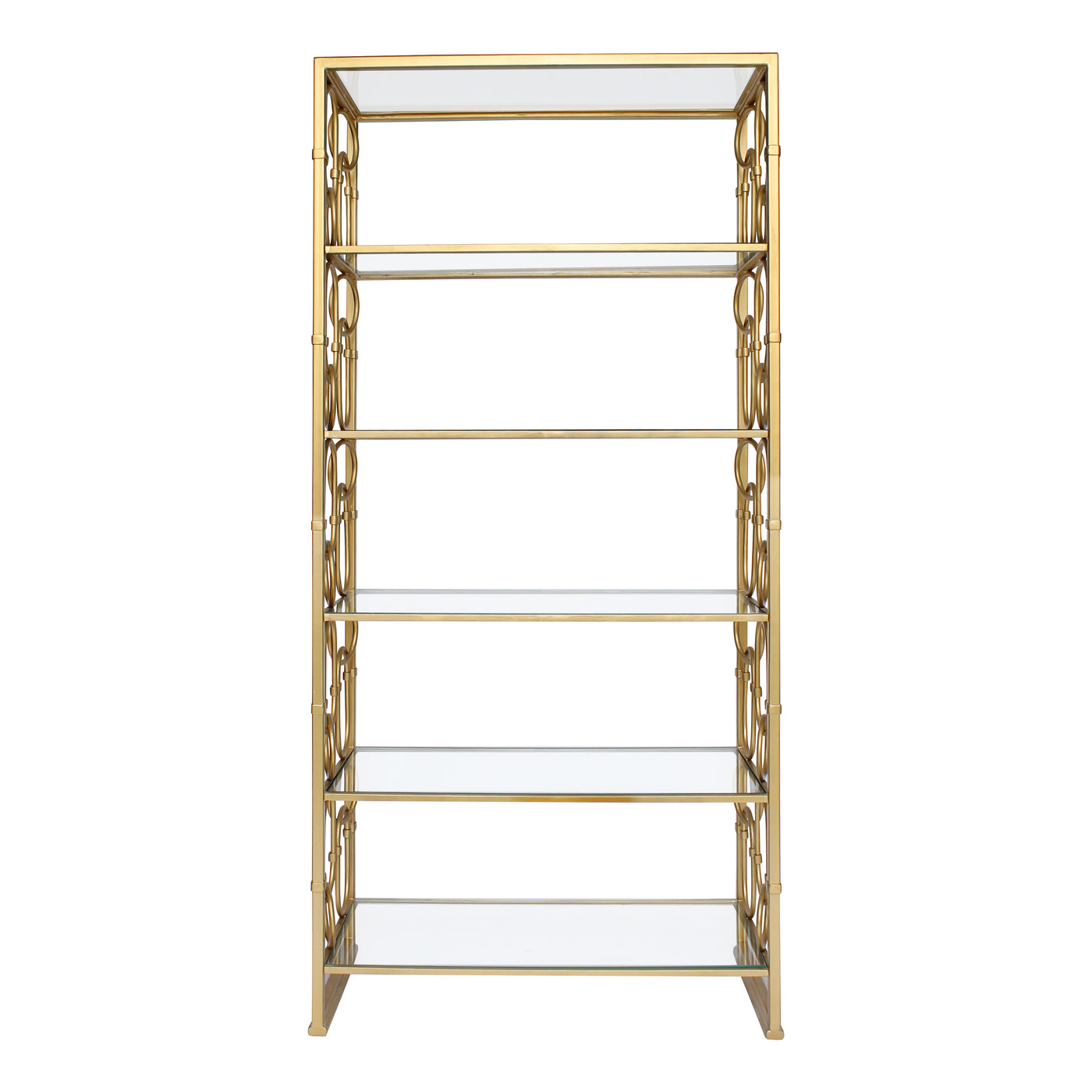 A wrought iron decorative bookcase with six glass shelves painted in a luxurious gold painted finish
