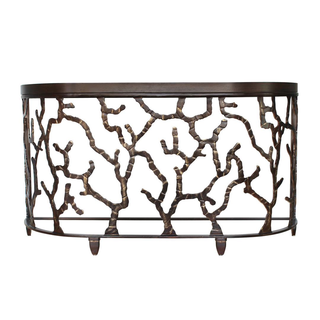  A contemporary metal-based console with an organic pattern painted in an antique bronze finish topped with a thick piece of wood