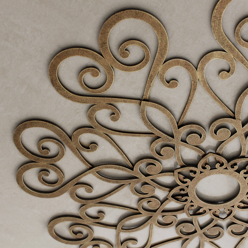 Close up of a decorative metallic ceiling medallion with a bronze painted finish