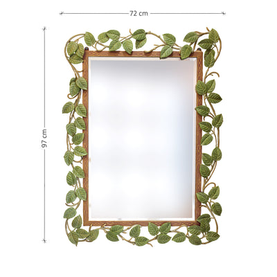 A unique metal rectangular mirror with leaves along its border painted in natural colors; with annotated dimensions