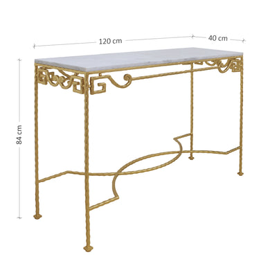 Contemporary steel console table with white marble top and annotated dimensions