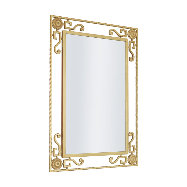 A classical rectangular mirror with wrought iron scrolls and motifs in gold painted finish