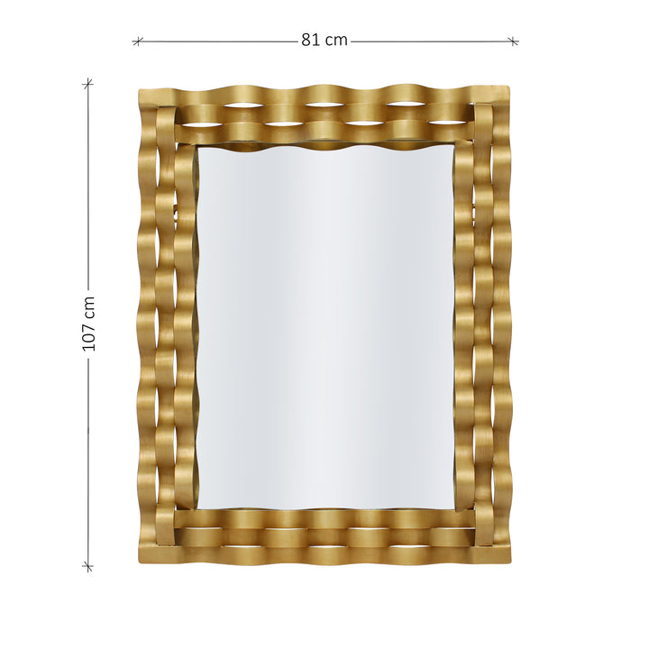 A rectangular golden mirror with wavy strips made of metal wrapped along its border; with annotated dimensions