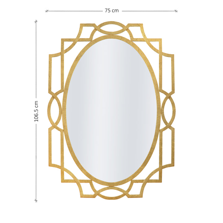 A unique oval shaped mirror with a geometric design and gold leaf finish; with annotated dimensions