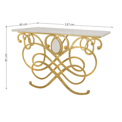 A luxurious entrance table with a gold leaf finish, topped with white marble; with annotated dimensions