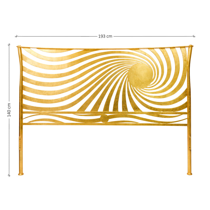 A contemporary king size bed headboard inspired by the sun in a sparkling gold leaf finish; with annotated dimensions