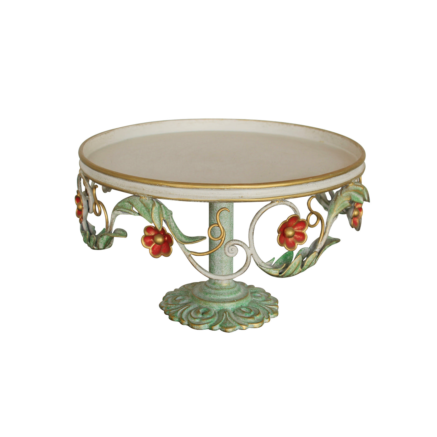 A round decorative cake stand with a base adorned with leaves and red flowers inspired from nature