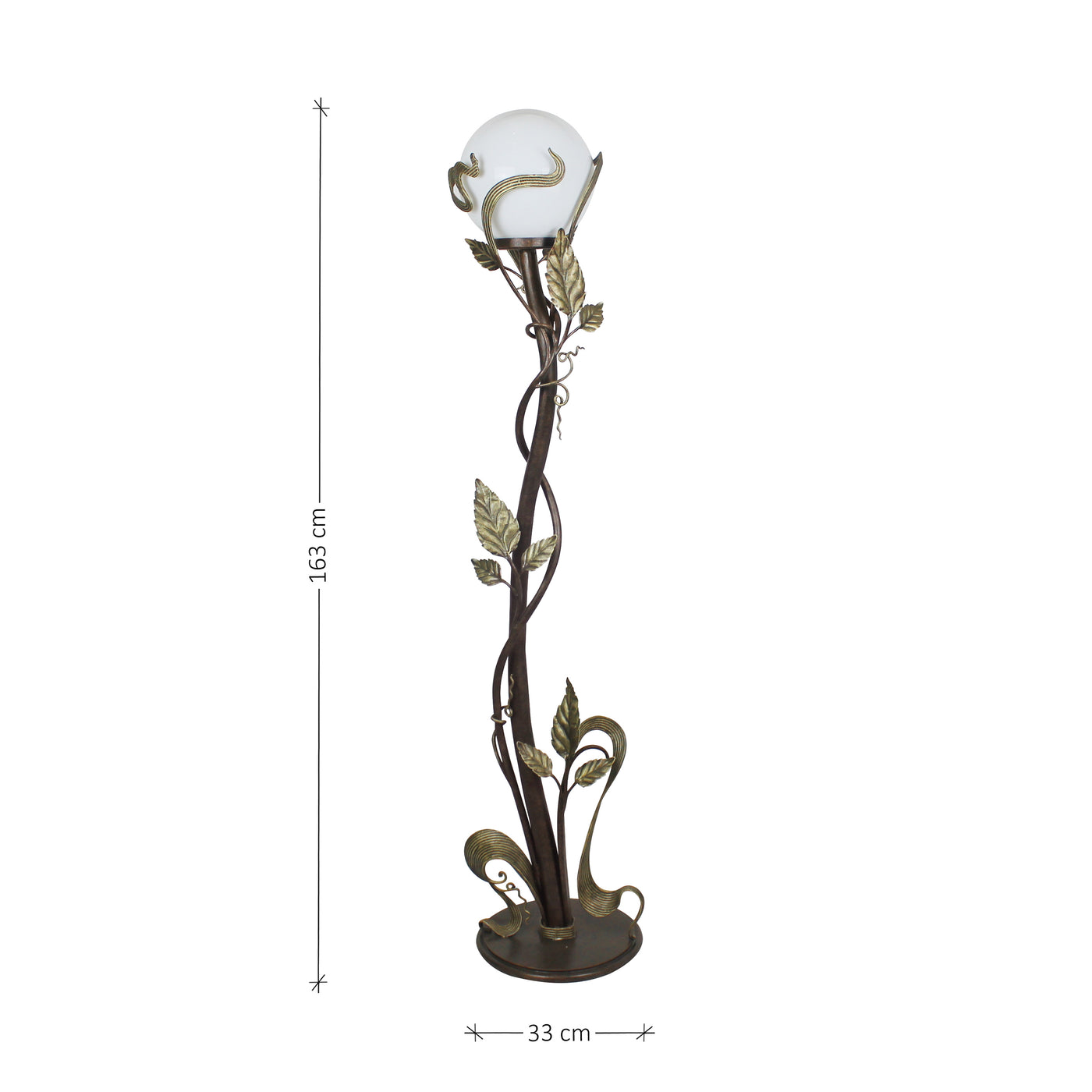 A unique handmade metal decorative floor lamp made up of stems and leaves, with annotated dimensions