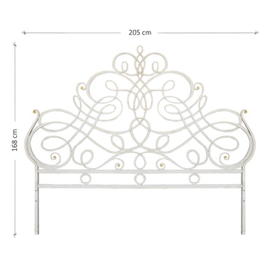 A luxurious wrought iron king sized bed with an organic style painted in an antique white finish; with annotated dimensions