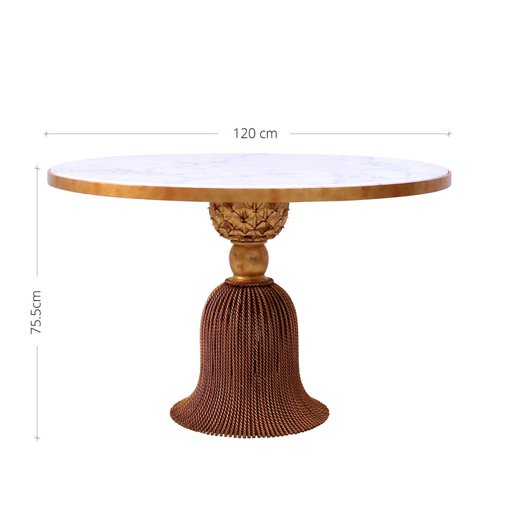 A luxurious round entry table with a tassel shaped base, topped with white marble; with annotated dimensions