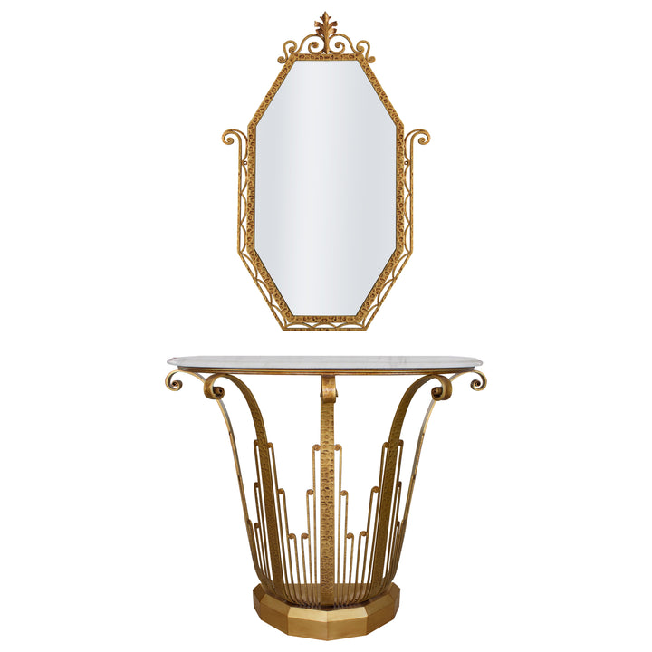 An Art Deco styled wrought iron console and mirror painted in an antique golden finish