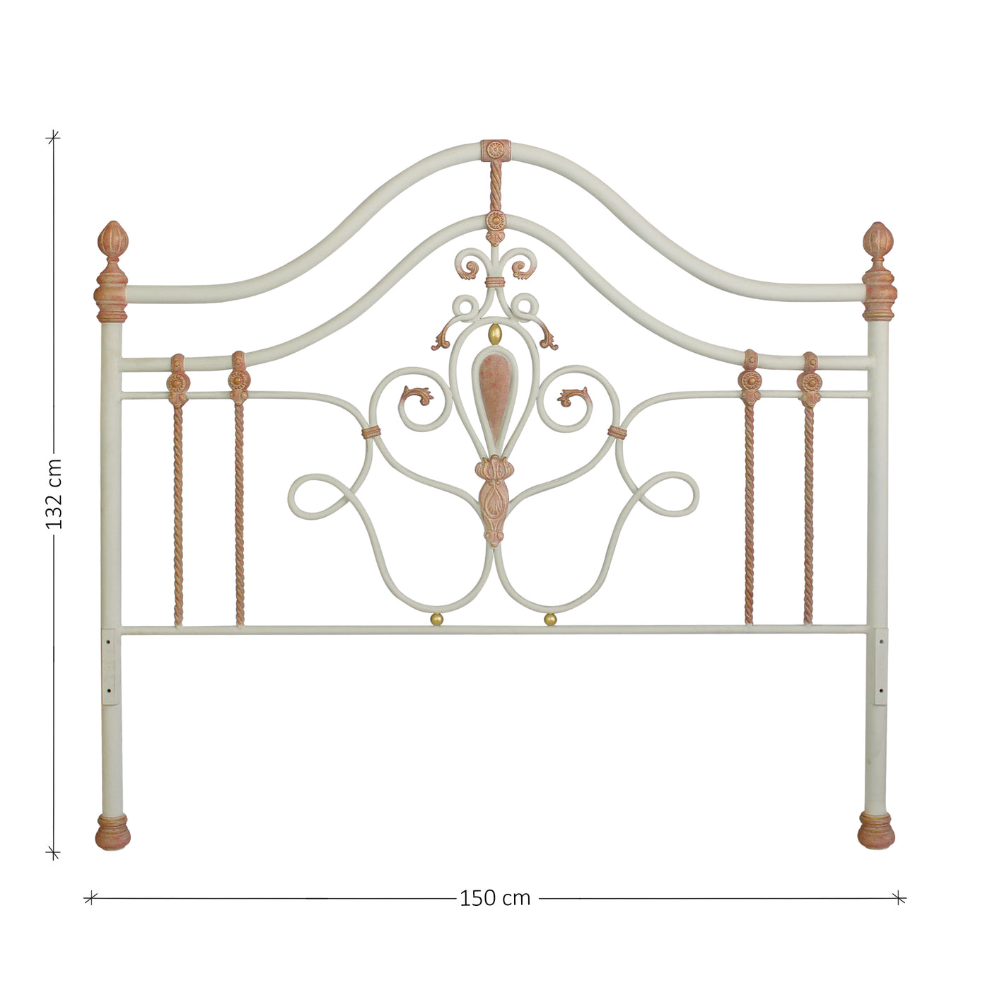 Wrought iron headboard for girls single bed with scrolls, leaves and motifs; with annotated dimensions