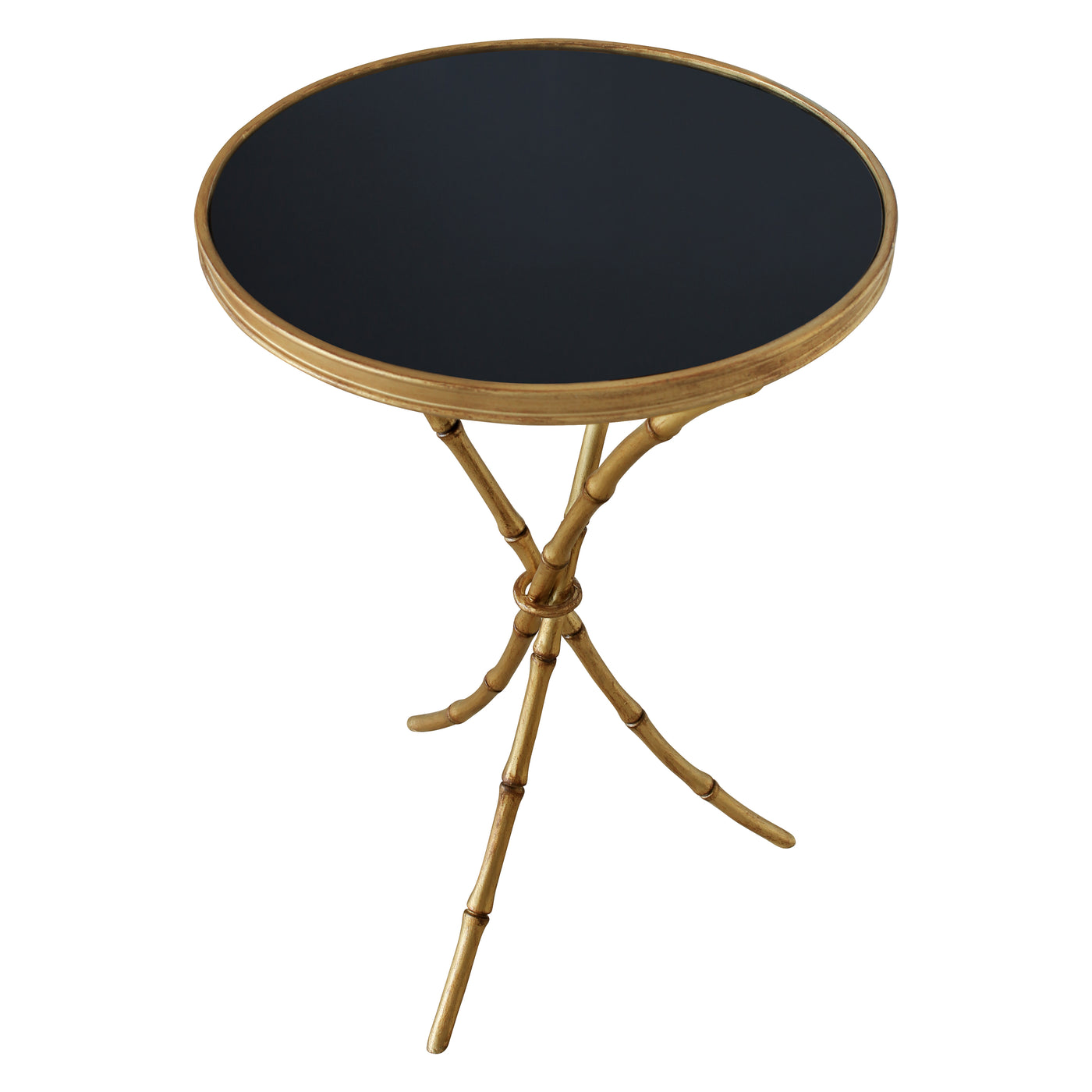 Contemporary end table with golden bamboo legs and back painted glass top