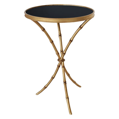 Modern end table with golden bamboo legs and back painted glass top