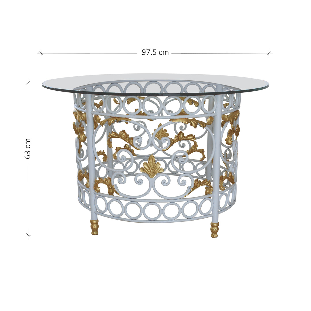 A classical round foyer table with a wrought iron base and a clear glass top; with annotated dimensions