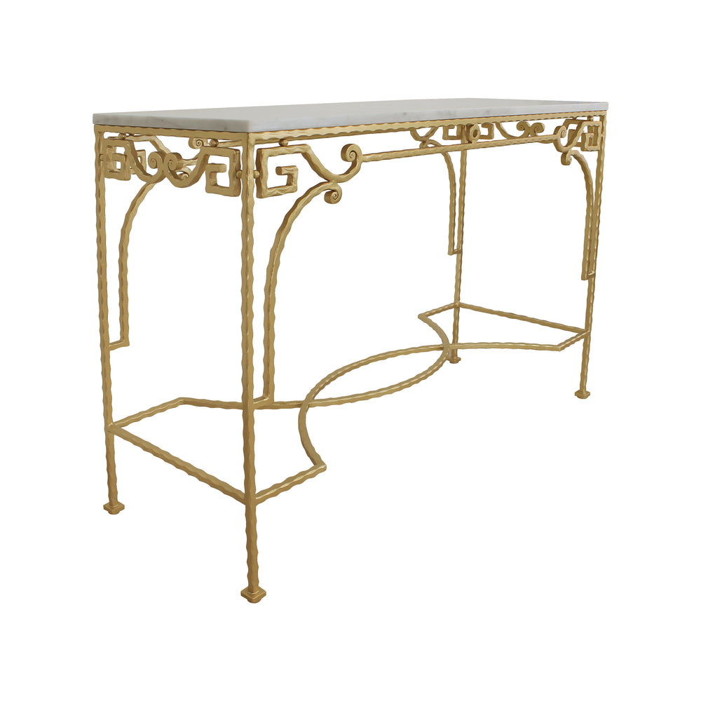 Wrought iron scrolls and curves make up the base of a simple gold classical console table topped with a white marble