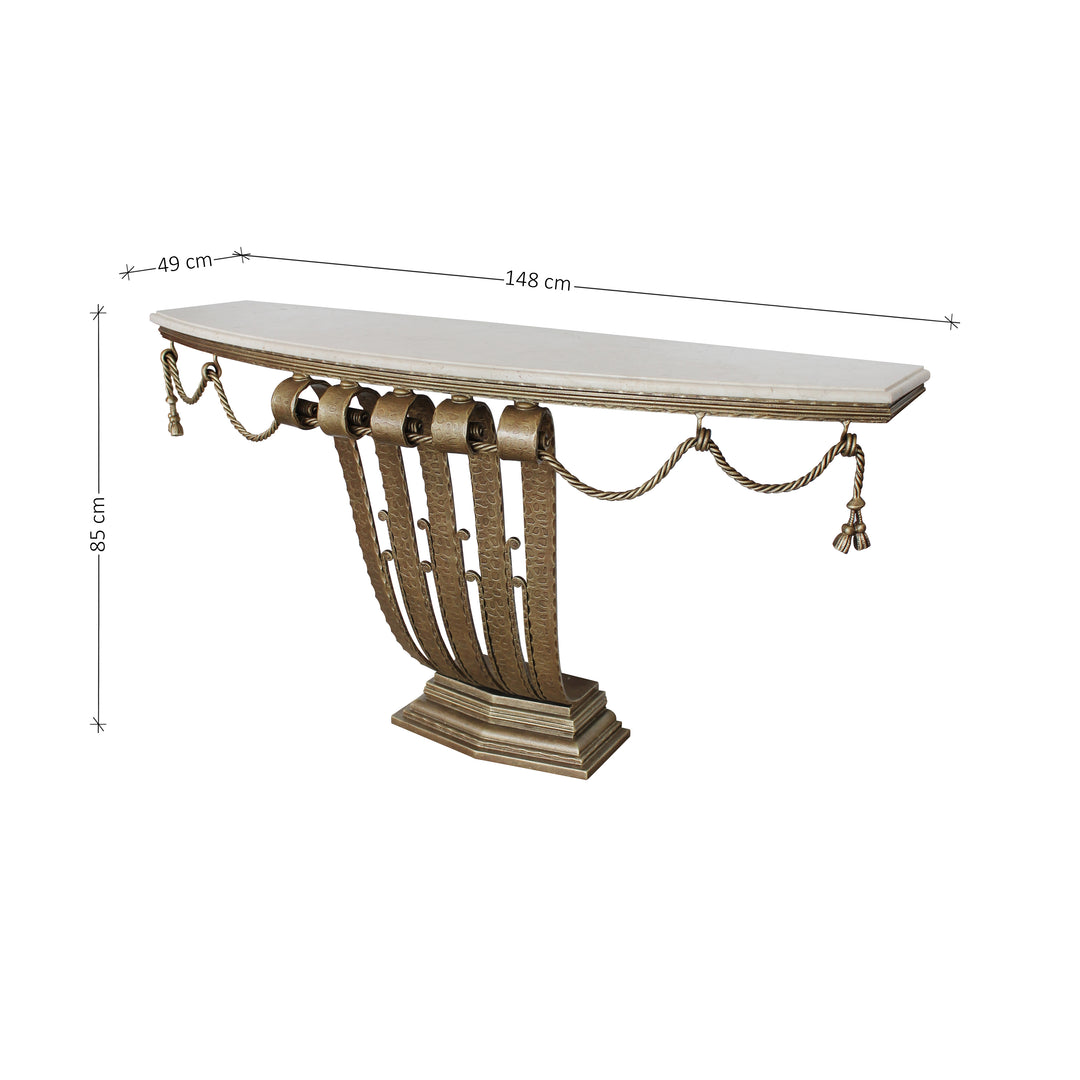 An Art Deco styled handmade metal console painted in an antique bronze finish; with annotated dimensions