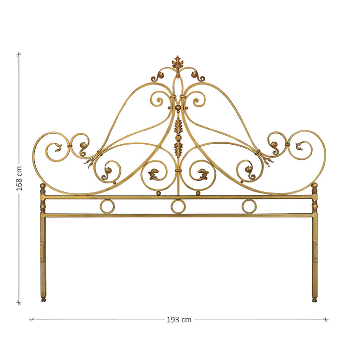 King size wrought iron headboard inspired by the classical style painted in an antique gold finish; with annotated dimensions