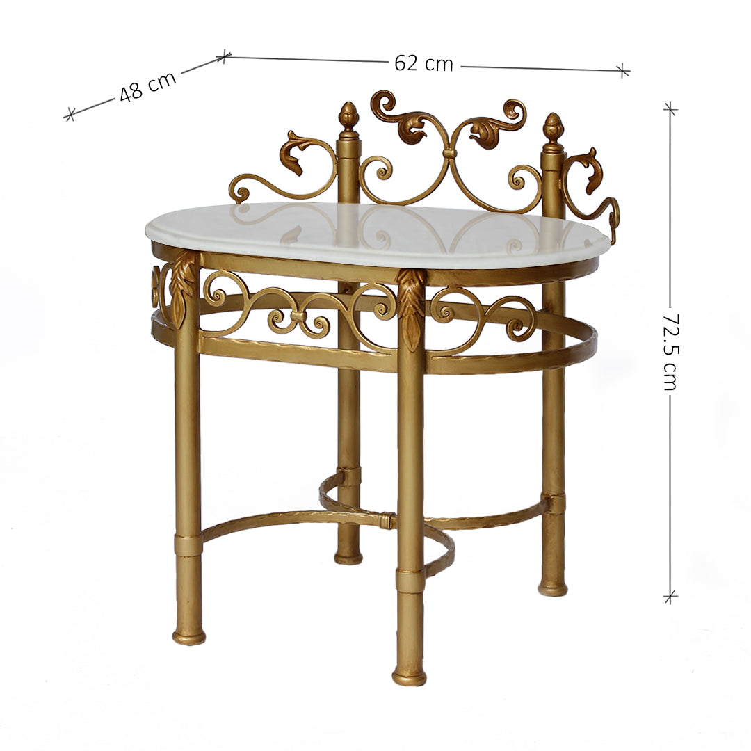 A classical wrought iron nightstand with annotated dimensions