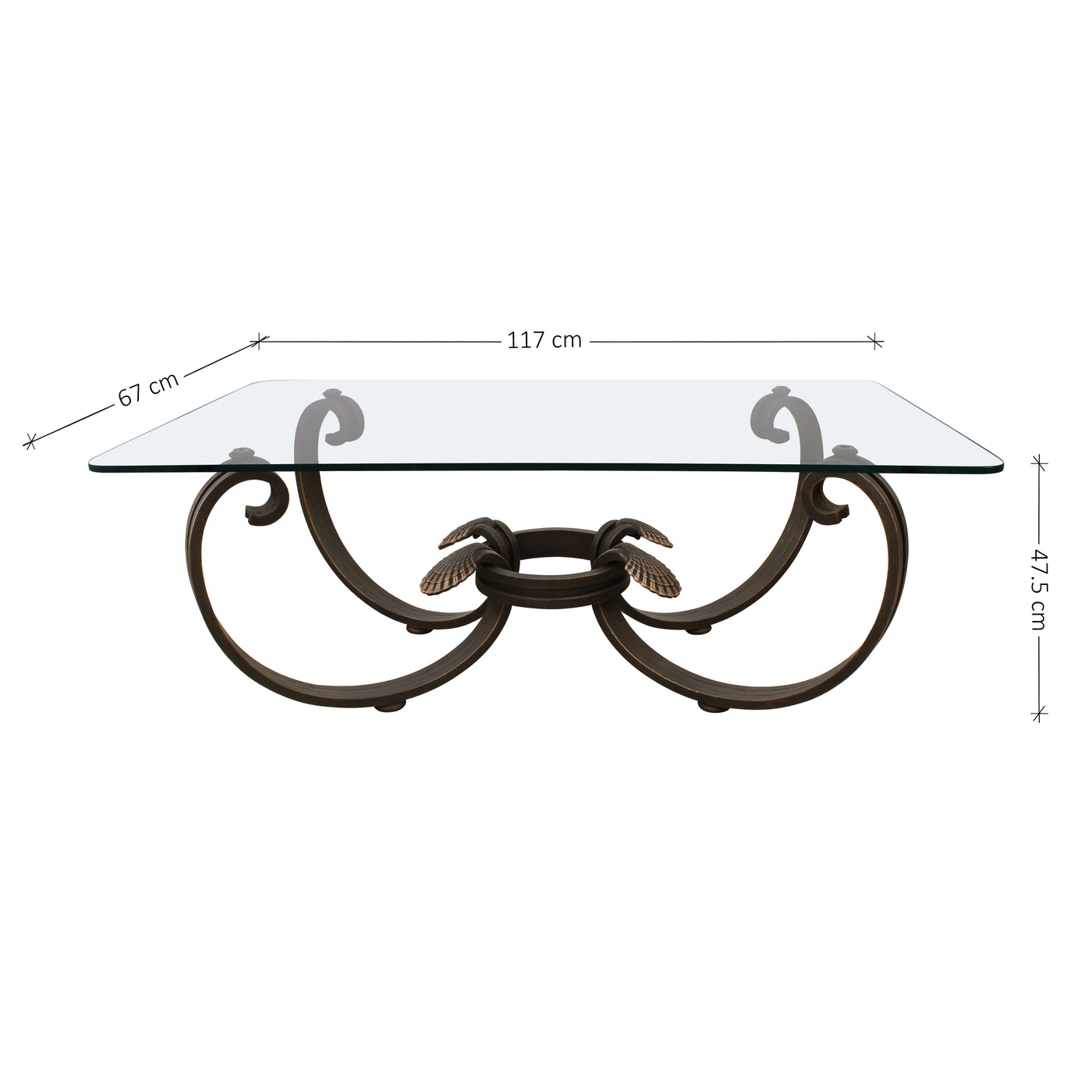 A neoclassical wrought iron center table inspired by seashells topped with glass; with annotated dimensions