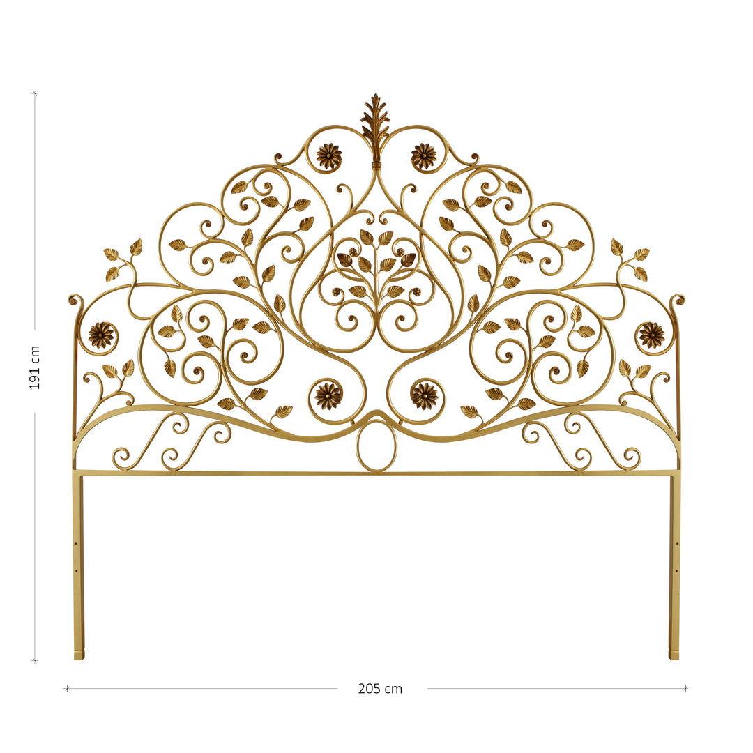 King size bed headboard inspired by nature; with branches, leaves and flowers painted in an antique gold finish; with annotated dimensions