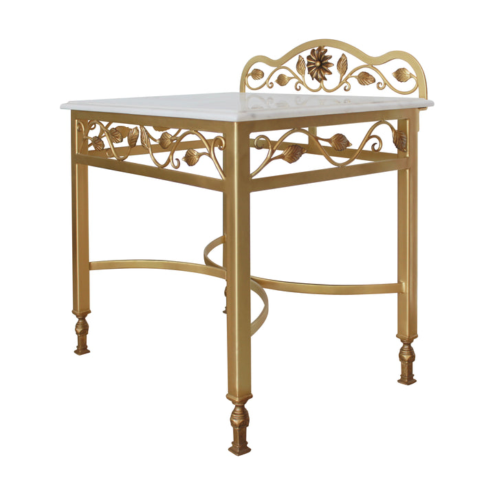 Classical metal nightstand painted in antique gold and topped with marble