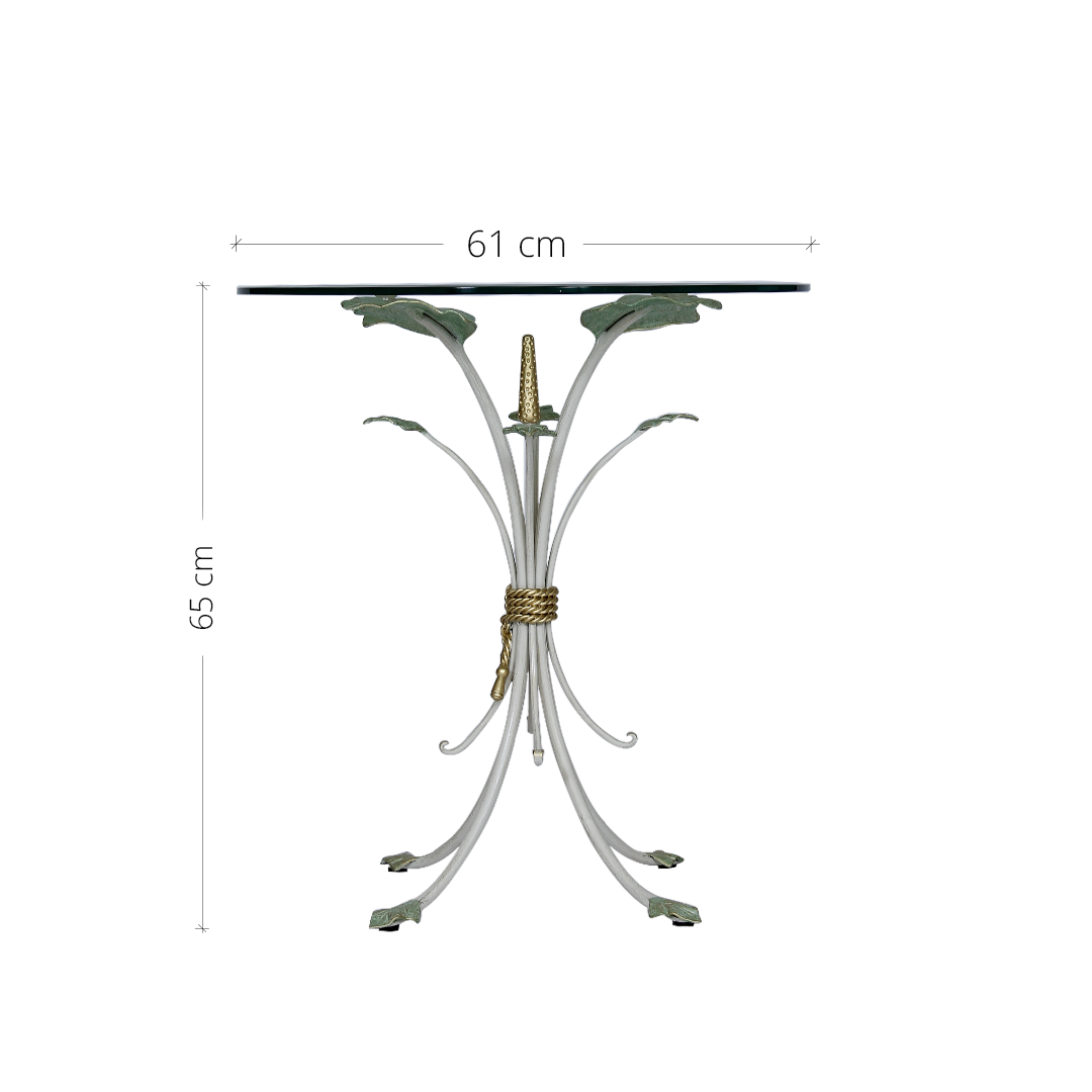Frontal view of a unique accent table with annotated dimensions