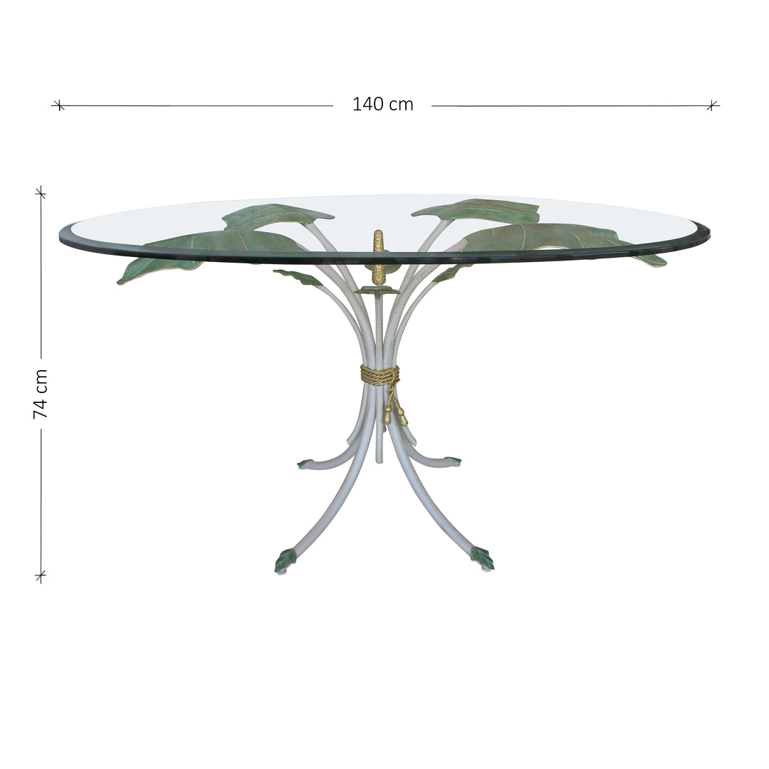 A modern round entrance table with a nature inspired metal base, topped with clear glass; with annotated dimensions