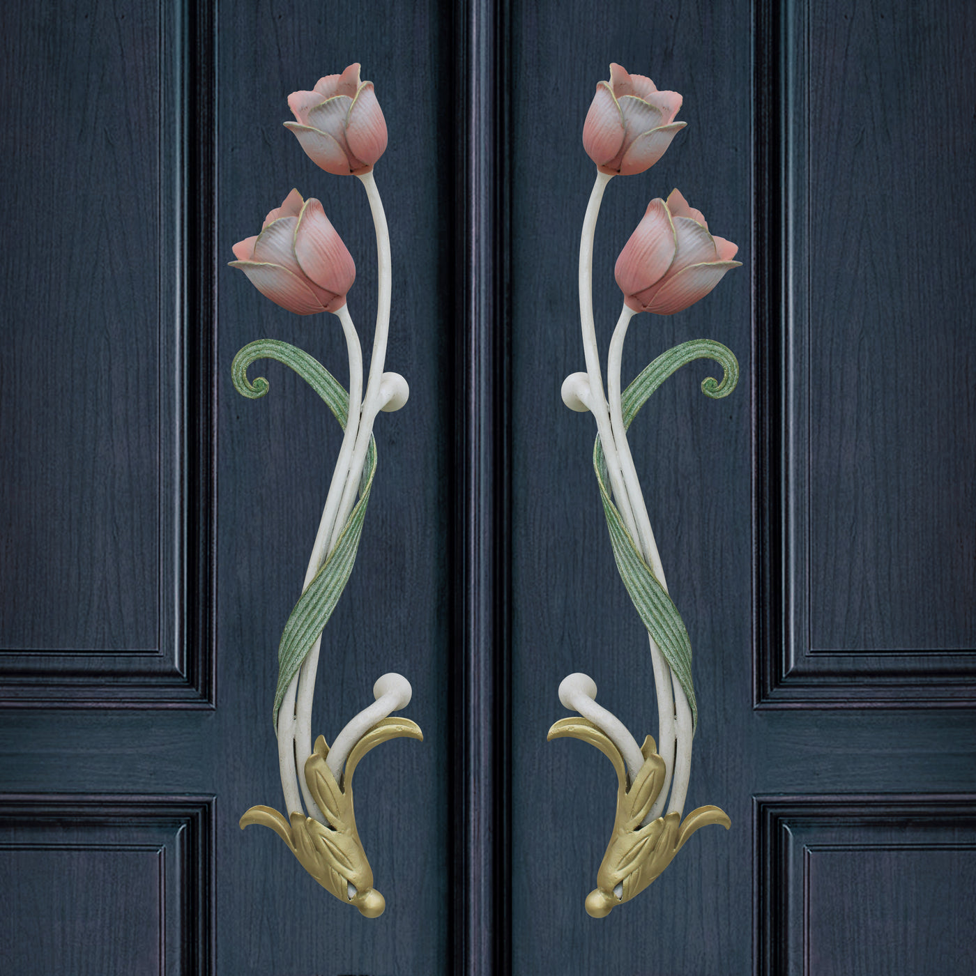 Pair of decorative pull handles inspired by tulips mounted on a closed blue door