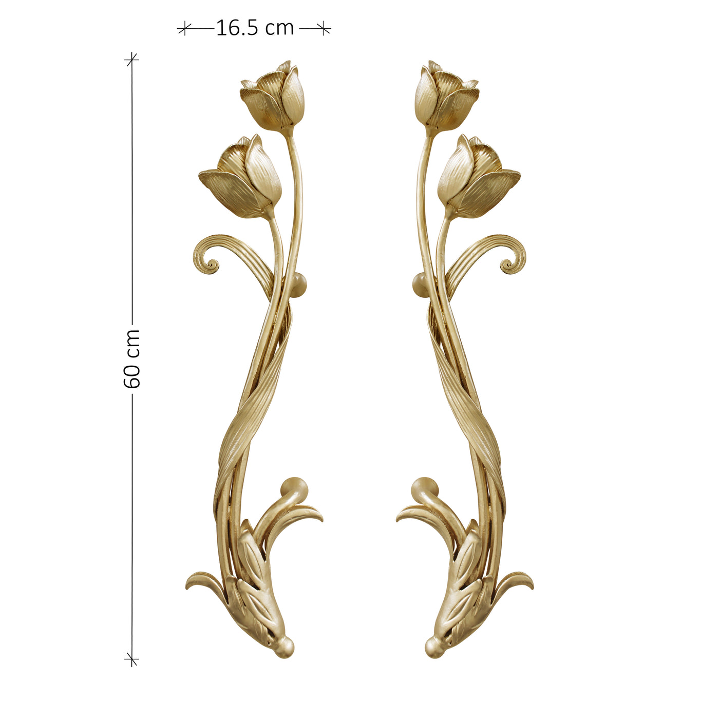 Pair of decorative pull handles inspired by tulips including dimensions