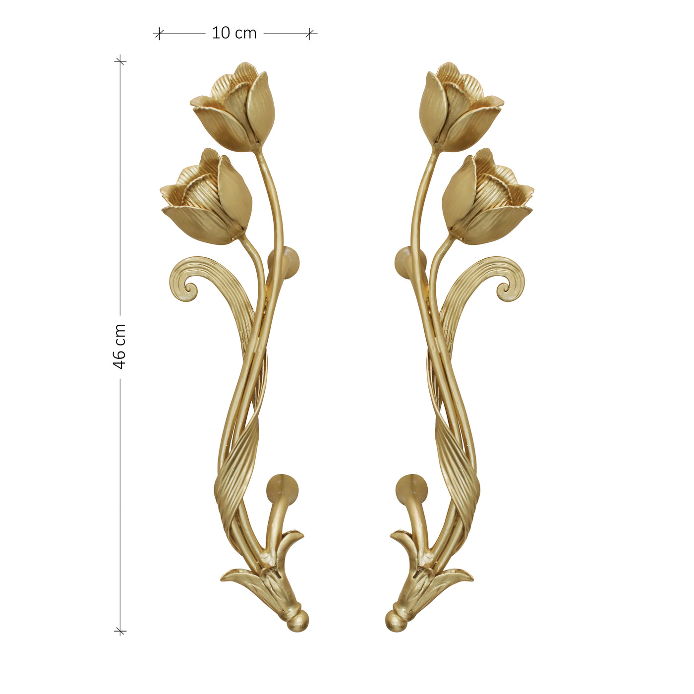 Pair of decorative pull handles inspired by tulips with annotated dimensions