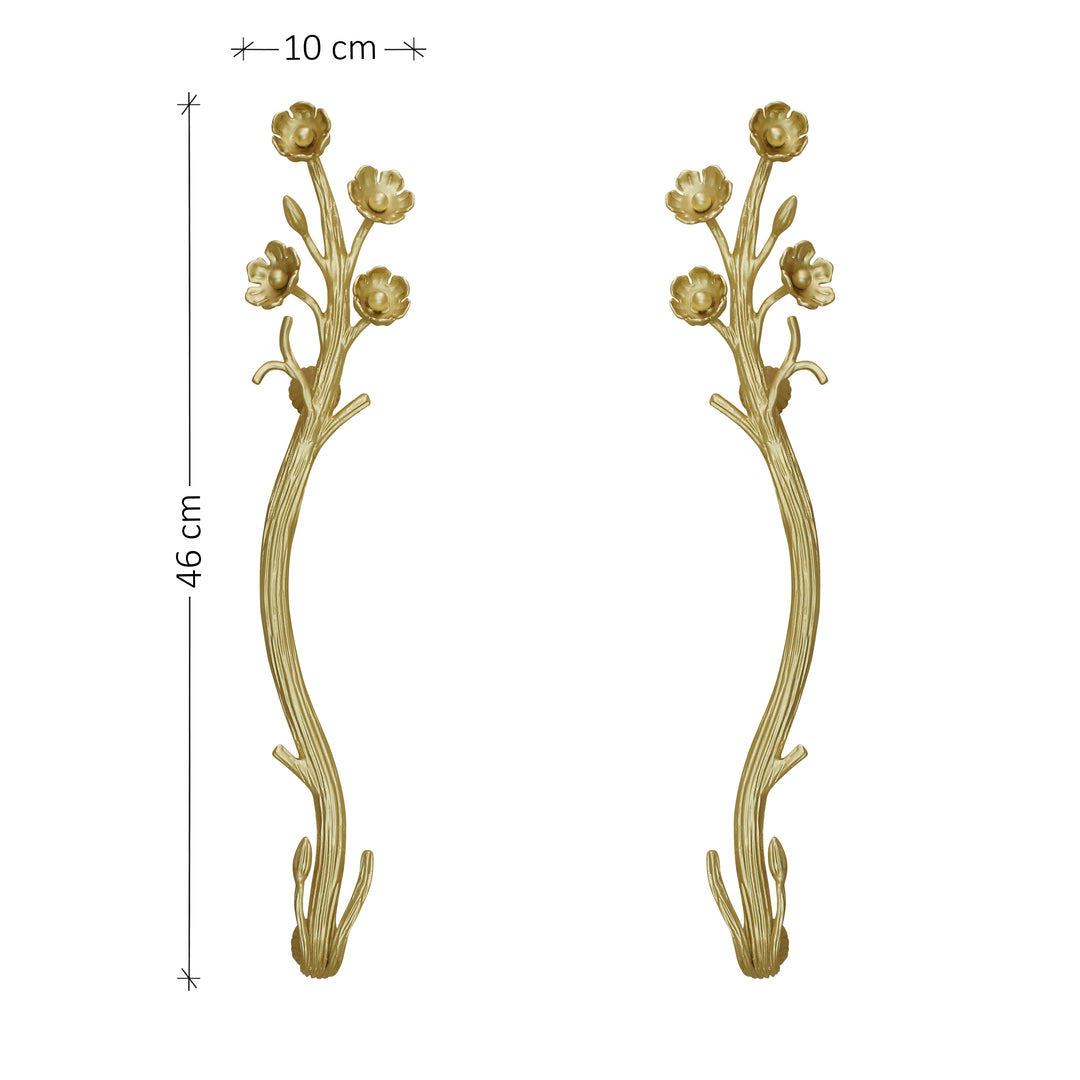 Flowers and branches themed steel door pull handles in gold color; with annotated dimensions