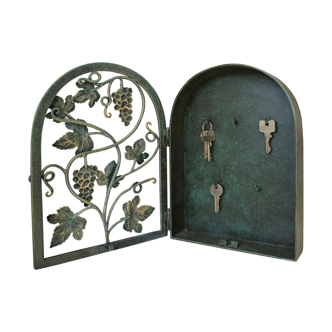 An opened arched rustic key cabinet inspired from grape vines painted in antique green