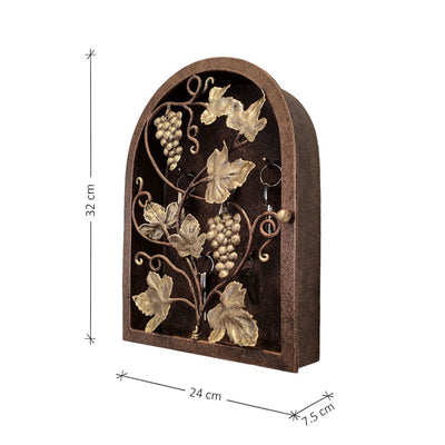 Side view of arched rustic key cabinet inspired from grape vines with annotated dimensions