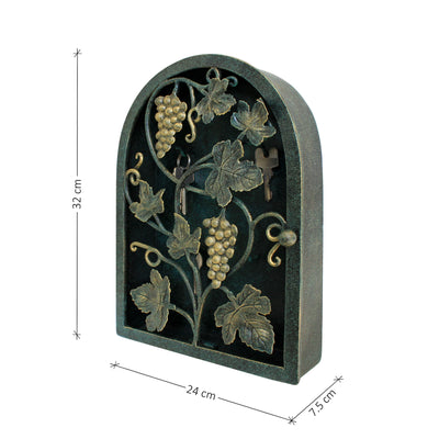 Side view of arched rustic key box inspired from grape vines with annotated dimensions